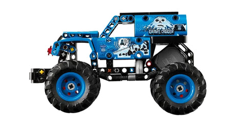 LEGO Technic Monster Jam Grave Digger Fire and Ice monster truck showing the ice themed side with blue wheel rims on a white background
