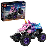 LEGO Technic Monster Jam Sparkle Smash retail box shown alongside the completed unicorn themed monster truck model on a white background