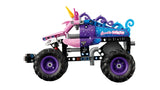 LEGO Technic Monster Jam Sparkle Smash unicorn themed monster truck shown in a side profile view with star patterned body panels, purple wheels and black tyres on a white background
