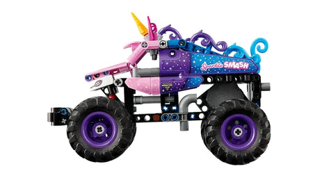 LEGO Technic Monster Jam Sparkle Smash unicorn themed monster truck shown in a side profile view with star patterned body panels, purple wheels and black tyres on a white background

