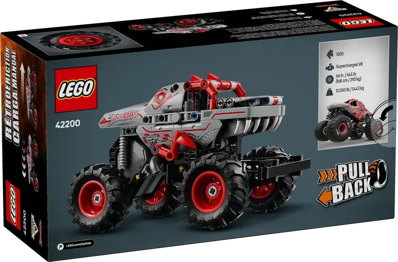 Back of LEGO Technic Monster Jam ThunderROARus pull-back truck box showing build steps and roaring design features in Ireland.