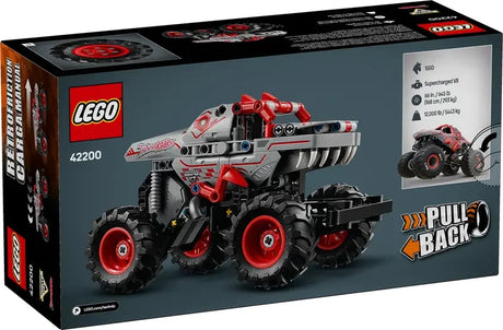 Back of LEGO Technic Monster Jam ThunderROARus pull-back truck box showing build steps and roaring design features in Ireland.