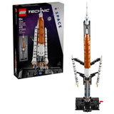 LEGO Technic NASA Artemis Space Launch System Rocket 42221 box shown beside the completed rocket model on a display base
