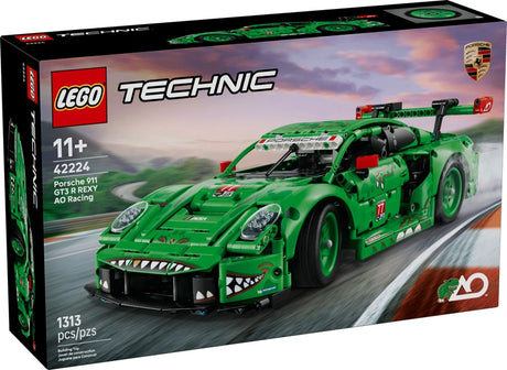 LEGO Technic Porsche 911 GT3 R REXY AO Racing Car 42224 retail box showing green Porsche race car with dinosaur graphics
