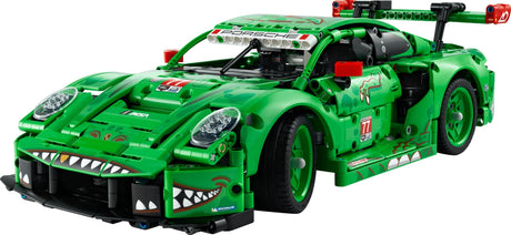 LEGO Technic Porsche 911 GT3 R REXY AO Racing Car 42224 green Porsche race car front three quarter view with dinosaur face graphics and racing decals
