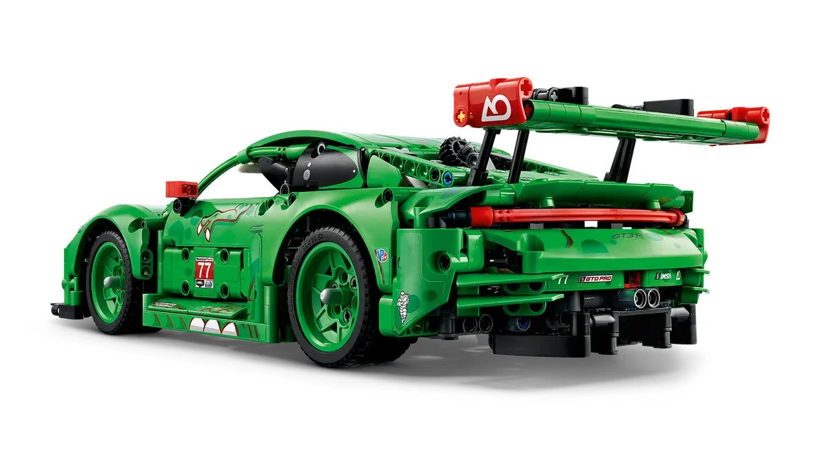 LEGO Technic Porsche 911 GT3 R REXY AO Racing Car 42224 green Porsche race car rear three quarter view with large rear wing, exhaust pipes and racing decals