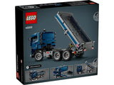 Back of LEGO Technic Tipping Dump Truck box featuring key functions, steering and tipping highlights on black background in Ireland.