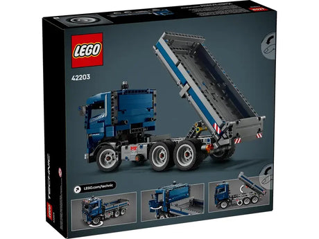 Back of LEGO Technic Tipping Dump Truck box featuring key functions, steering and tipping highlights on black background in Ireland.