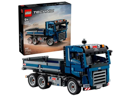 LEGO Technic Tipping Dump Truck with display box showing blue construction truck and working tipper on black background in Ireland.