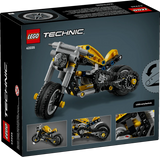 Back of LEGO Technic Yellow Motorcycle 42225 box displaying feature callouts for steering function and engine mechanism with multiple model images