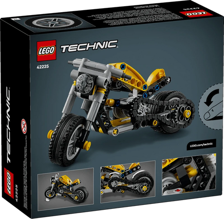 Back of LEGO Technic Yellow Motorcycle 42225 box displaying feature callouts for steering function and engine mechanism with multiple model images