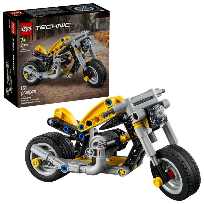 LEGO Technic Yellow Motorcycle 42225 box front showing yellow motorcycle model, Technic branding and 7+ age marking