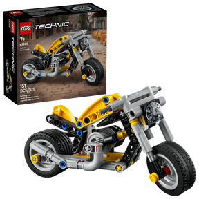 LEGO Technic Yellow Motorcycle 42225 box front showing yellow motorcycle model, Technic branding and 7+ age marking