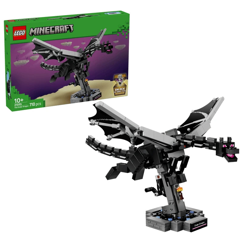 LEGO The Ender Dragon 21595 box with Ender Dragon display build on a white background
