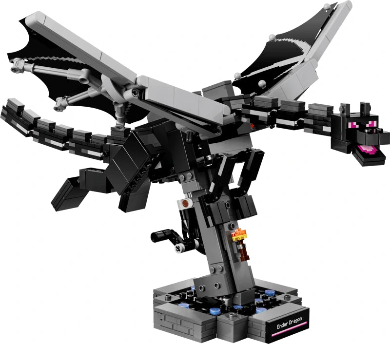 LEGO Minecraft Ender Dragon build on a display base with wings spread