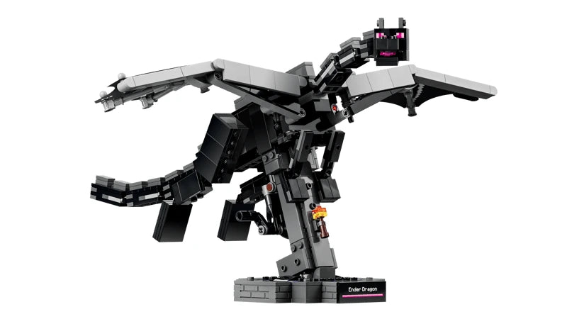 Front view of LEGO Minecraft Ender Dragon build with wings spread on a display base