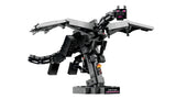 Front view of LEGO Minecraft Ender Dragon build with wings spread on a display base