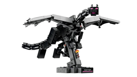 Front view of LEGO Minecraft Ender Dragon build with wings spread on a display base