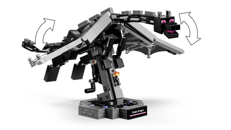 LEGO Minecraft Ender Dragon build with arrows showing head, tail and wing movement