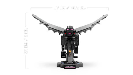 LEGO Minecraft Ender Dragon build shown with height and width measurements