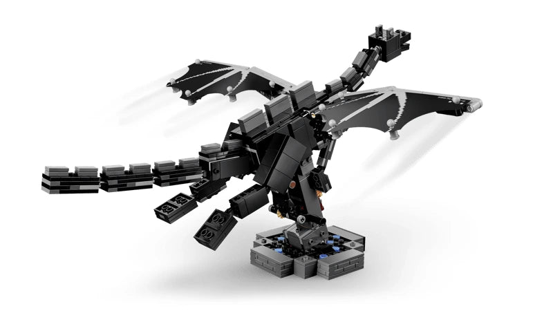 Rear view of LEGO Minecraft Ender Dragon build with wings spread on a display base