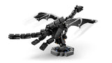 Rear view of LEGO Minecraft Ender Dragon build with wings spread on a display base