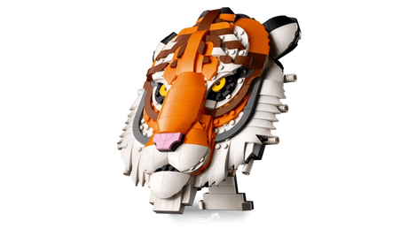 LEGO tiger head model shown at an angle on a small display stand
