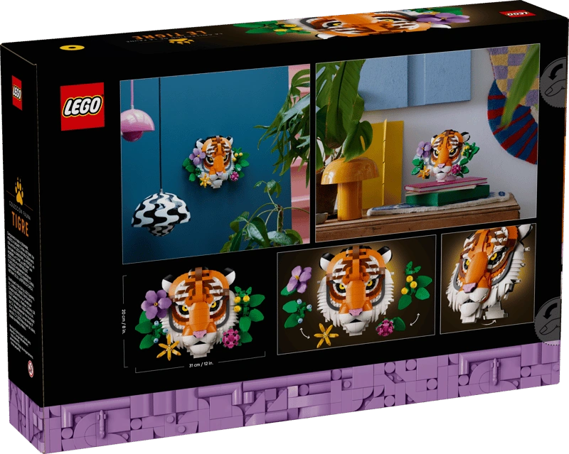 LEGO The Fauna Collection Tiger box back showing the tiger artwork displayed on a wall, shelf and table