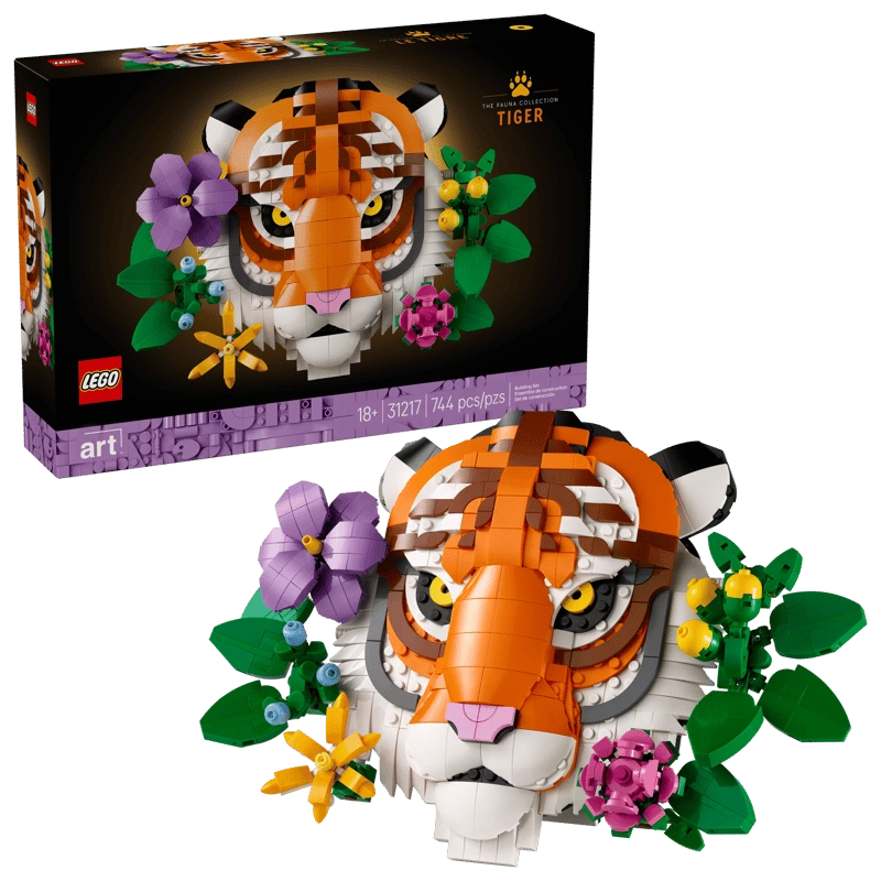 LEGO The Fauna Collection Tiger box beside the completed tiger head and flower display model