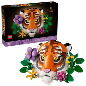 LEGO The Fauna Collection Tiger box beside the completed tiger head and flower display model