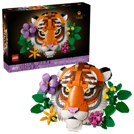 LEGO The Fauna Collection Tiger box beside the completed tiger head and flower display model