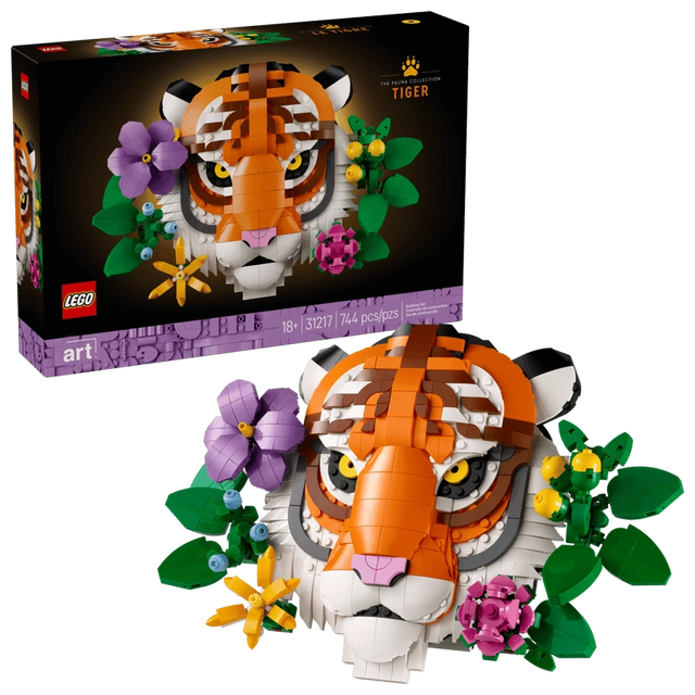 LEGO The Fauna Collection Tiger box beside the completed tiger head and flower display model
