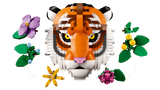 LEGO tiger head model facing forward with separate flower builds around the face