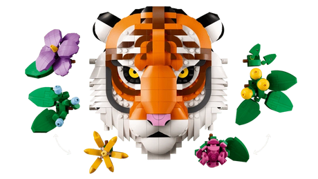 LEGO tiger head model facing forward with separate flower builds around the face