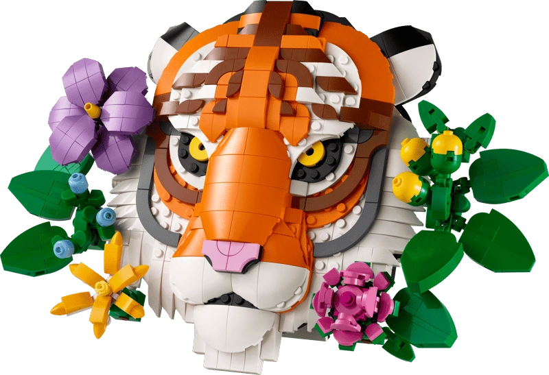 LEGO tiger head model with purple, yellow, pink and green flower details around the face