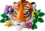 LEGO tiger head model with purple, yellow, pink and green flower details around the face