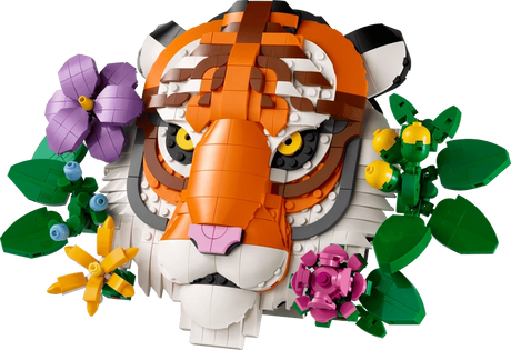LEGO tiger head model with purple, yellow, pink and green flower details around the face