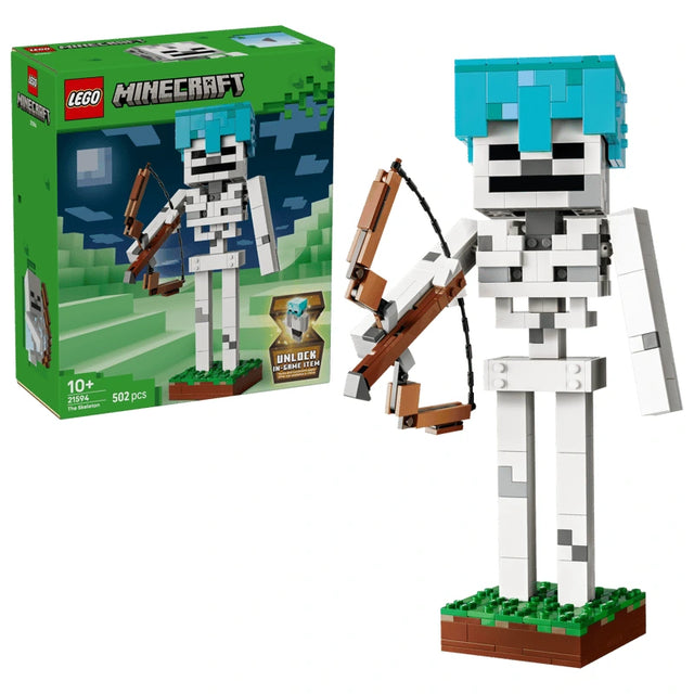 LEGO The Skeleton 21594 box with skeleton figure, bow, diamond helmet and grass base