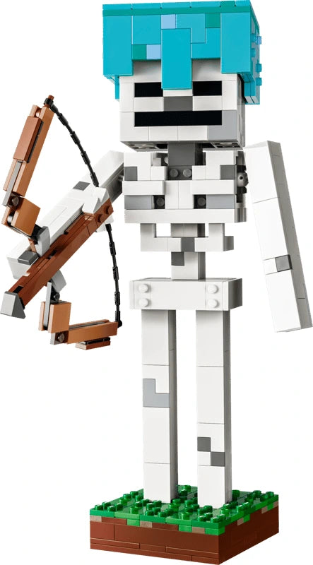 LEGO Minecraft skeleton figure holding a bow and wearing a diamond helmet on a grass base