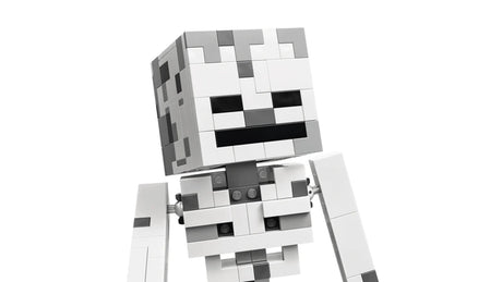 Close up of LEGO Minecraft skeleton head and torso