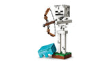 LEGO Minecraft skeleton figure with bow and diamond helmet beside a small helmet piece