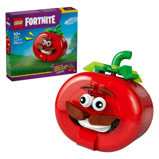 LEGO Fortnite Tomatohead box beside built red tomato head model