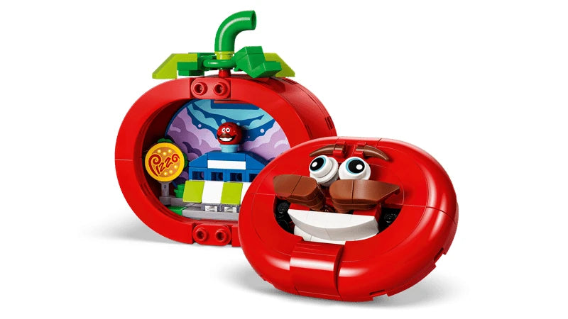 LEGO tomato head model shown opened with a small interior build and closed with a smiling face
