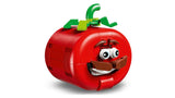 LEGO red tomato head model with green stem, eyes, moustache and smiling mouth