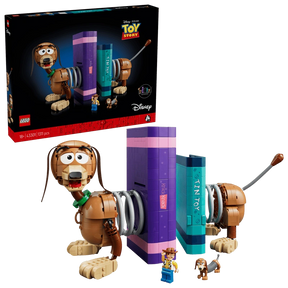 LEGO Toy Story Slinky Dog Bookends box beside the completed bookends model
