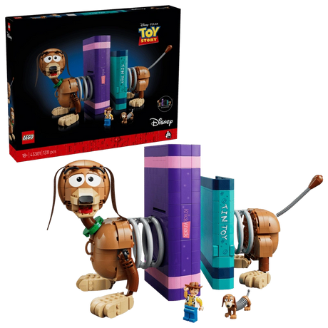 LEGO Toy Story Slinky Dog Bookends box beside the completed bookends model