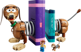 LEGO Toy Story Slinky Dog bookends model with purple and turquoise books, Woody figure and small Slinky Dog figure