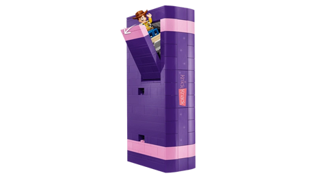 LEGO purple book build with an open front section and Woody figure visible near the top