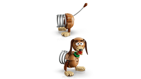 LEGO Slinky Dog model shown as separate front and rear sections with spring body and curved tail