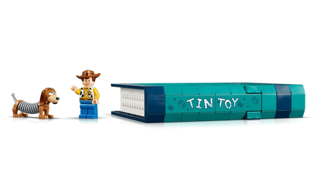 LEGO turquoise Tin Toy book build with Woody figure and small Slinky Dog figure beside it